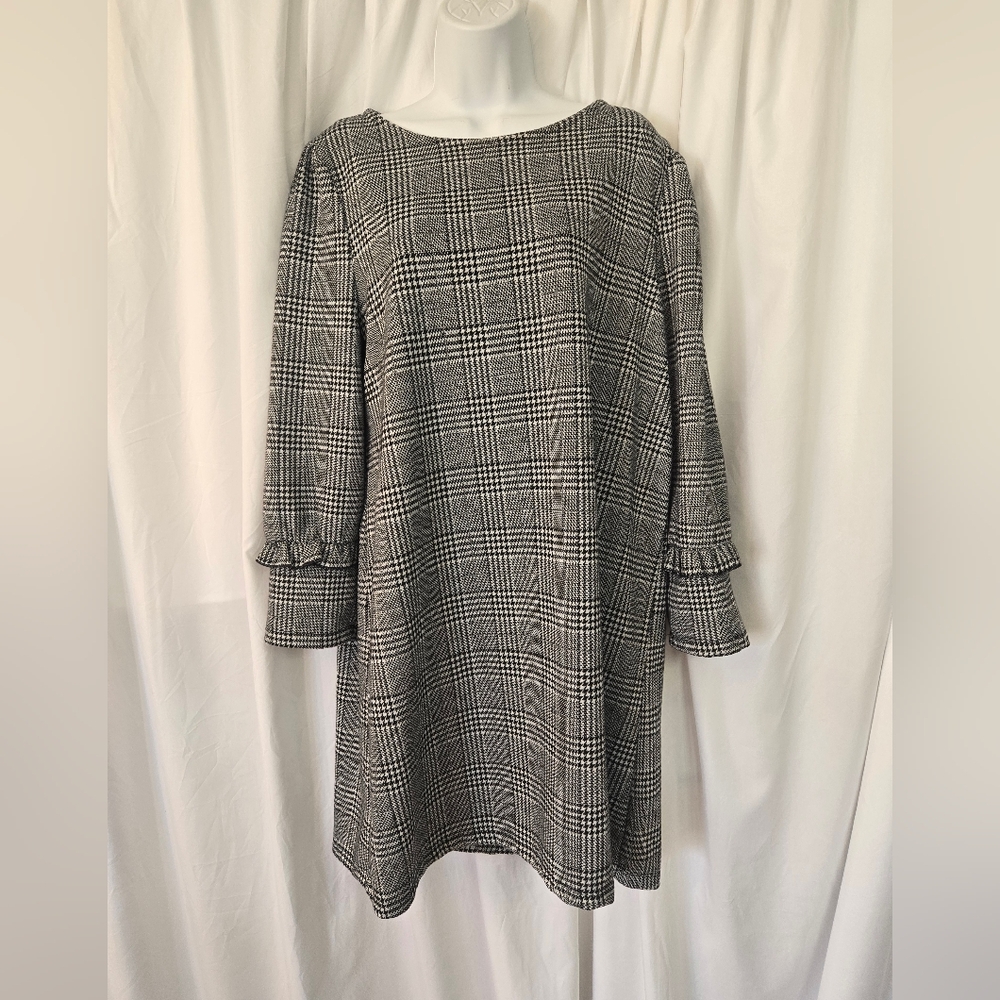 Massini Black and White Plaid Long Sleeve Relax Fit Dress Size L - Picture 2 of 8